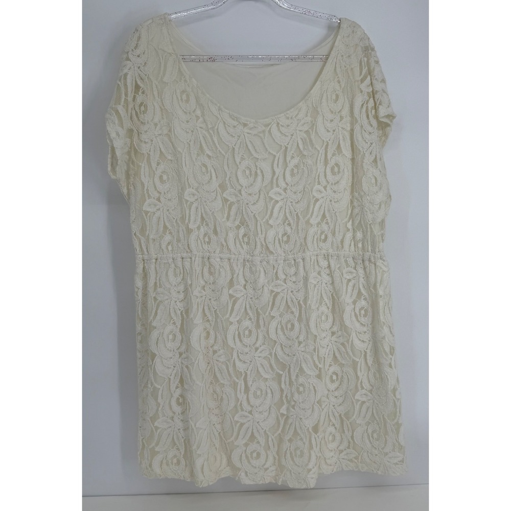 Maitai Women Ivory Floral Lace Short Sleeve Elastic Waist Top Sz 2X USA